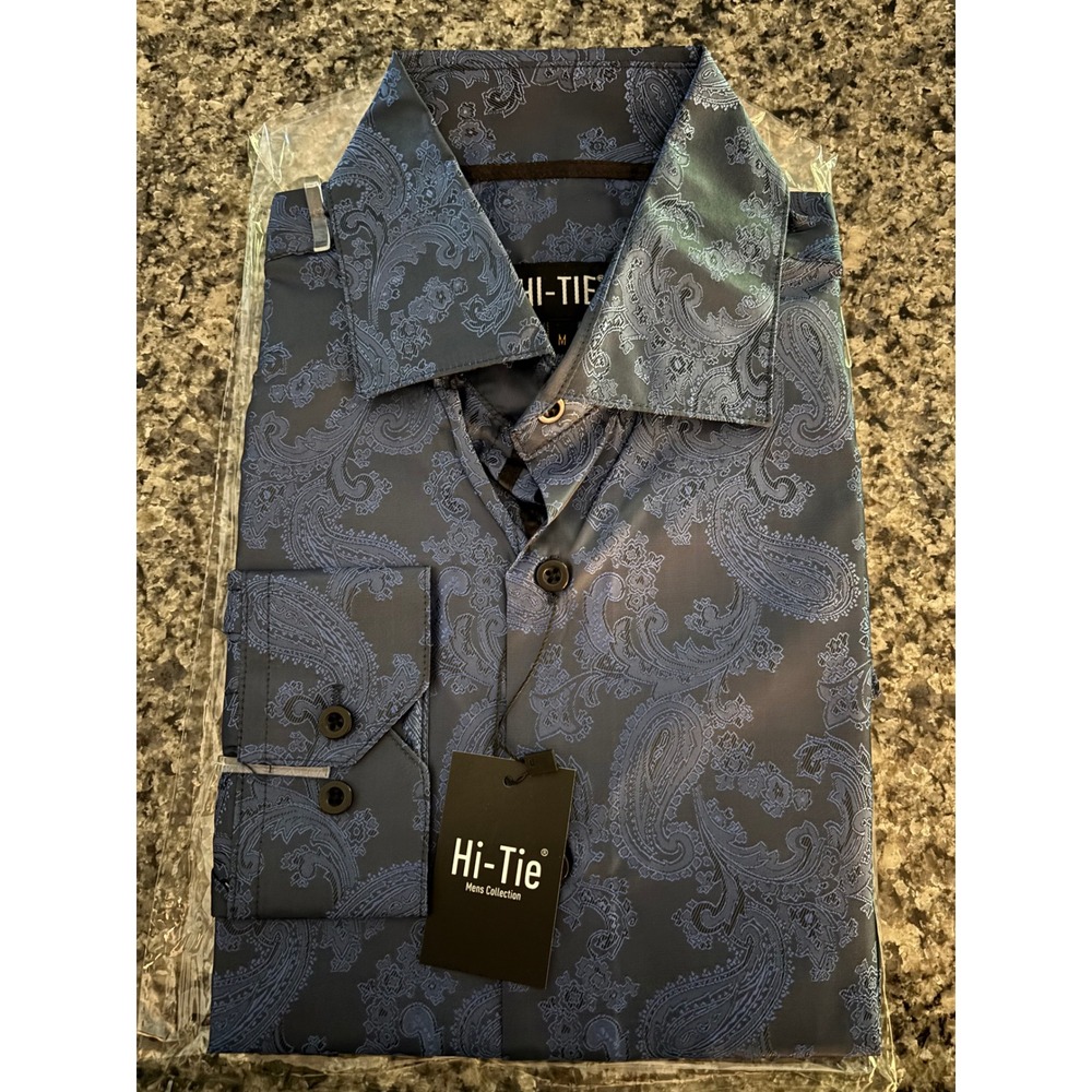 Hi-Tie Mens Blue Paisley Jacquard Dress Shirt Long Sleeve Button Down Formal M